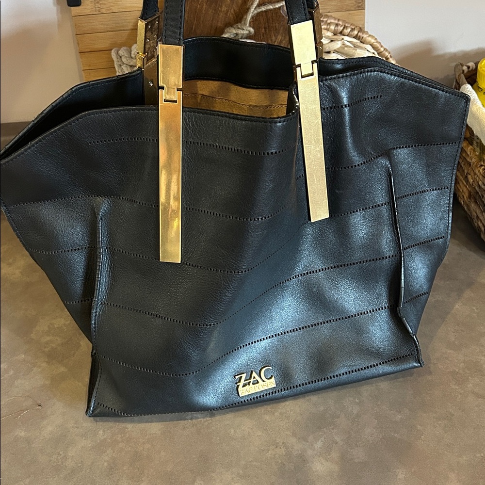 ZAC ZAC Posen black leather tote bag with brass hardware additional zipper case